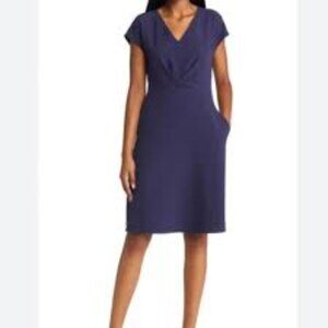 NWT Tahari ASL Twist Front V Neck Fit and Flare Dress in Navy - Size 4